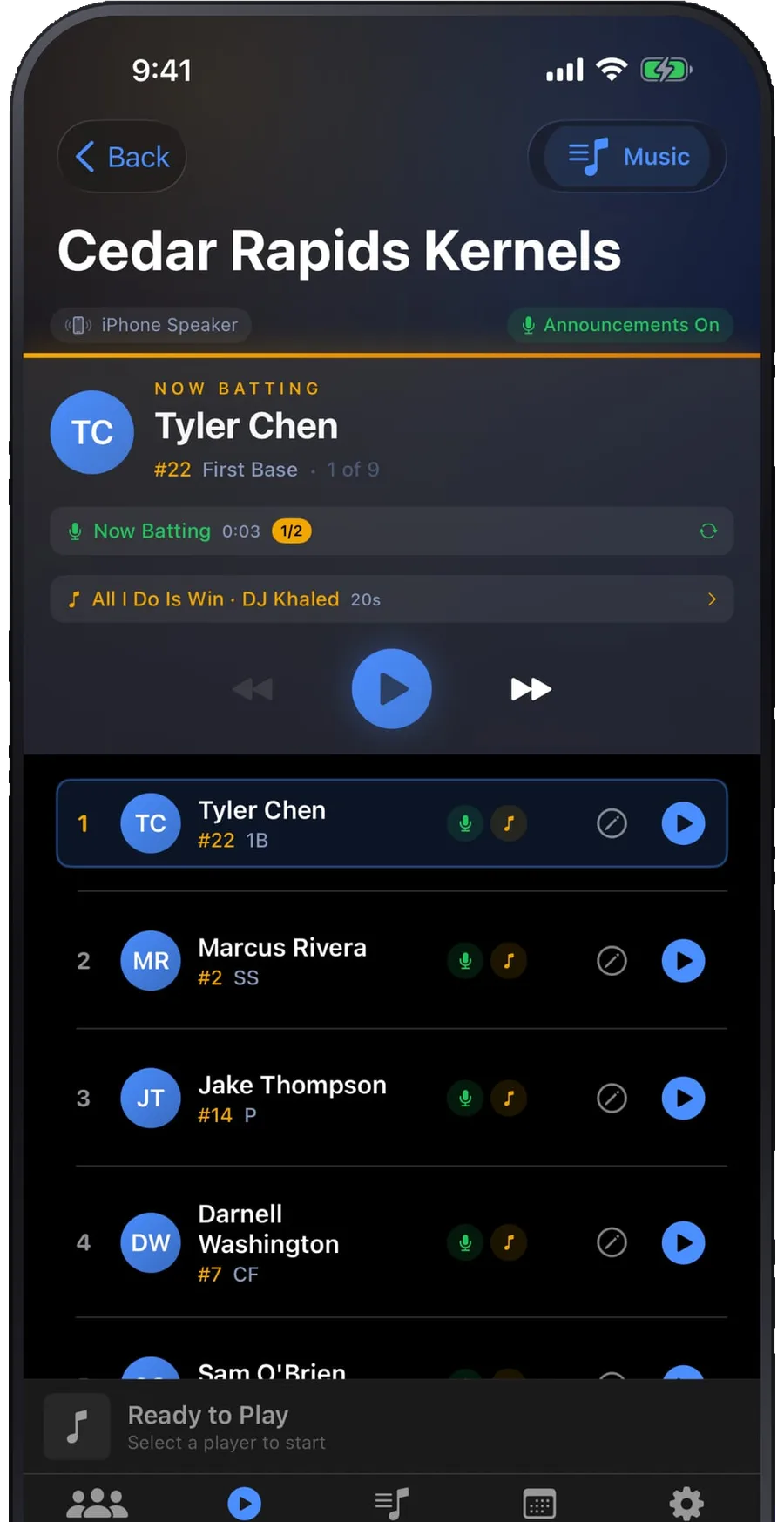 Walkup Pro on iPhone, showing Game Day with Tyler Chen now batting, his announcement and walkup song queued, and the batting order below.