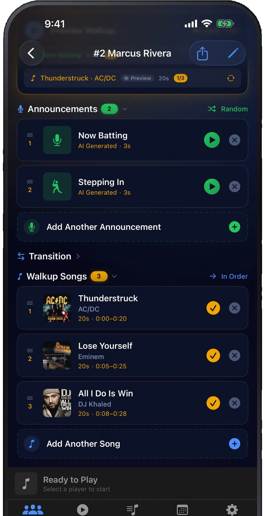 A player's screen in Walkup Pro, listing two AI announcements and three walkup songs, each trimmed to twenty seconds.