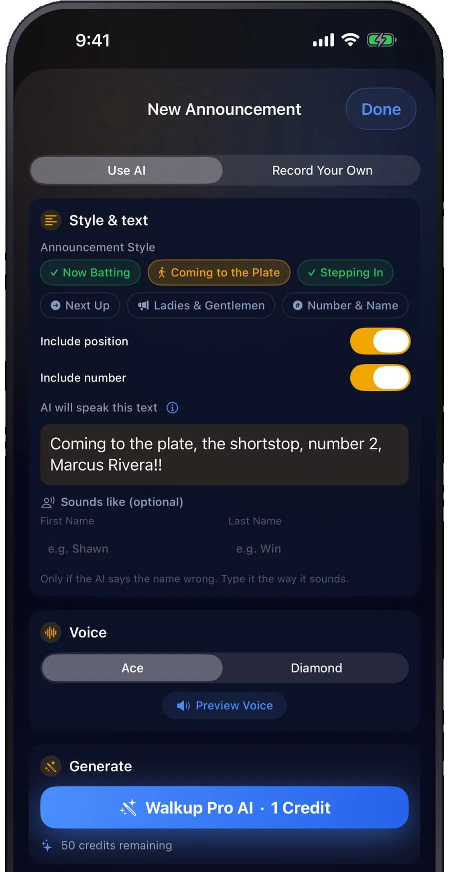 The New Announcement screen in Walkup Pro, with announcement styles, the spoken text, and a choice of AI voices.