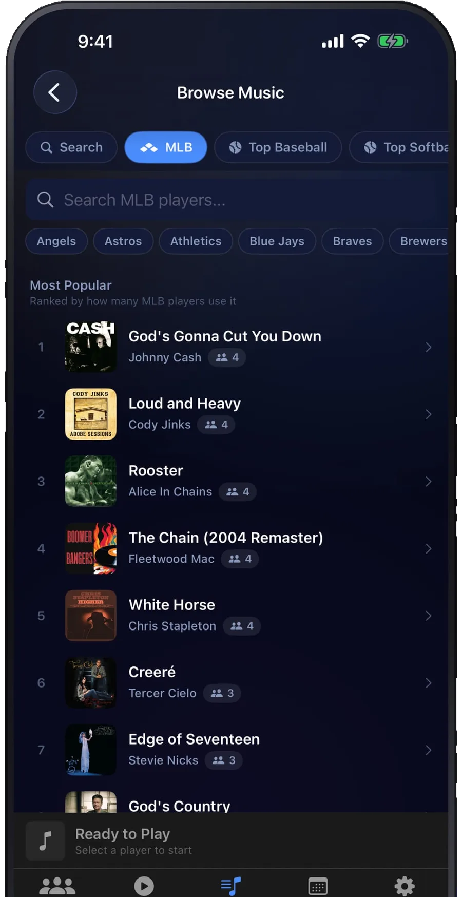 Browse Music in Walkup Pro showing the most-used MLB walkup songs, ranked by how many players use each one.